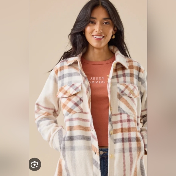 Altar'd State Jackets & Blazers - Altar'd State Plaid Shacket in Cream, Tan & Gray